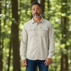 Eddie‎ Bauer Travex Tall Large Plaid Vented Roll Tab Sleeves Beige